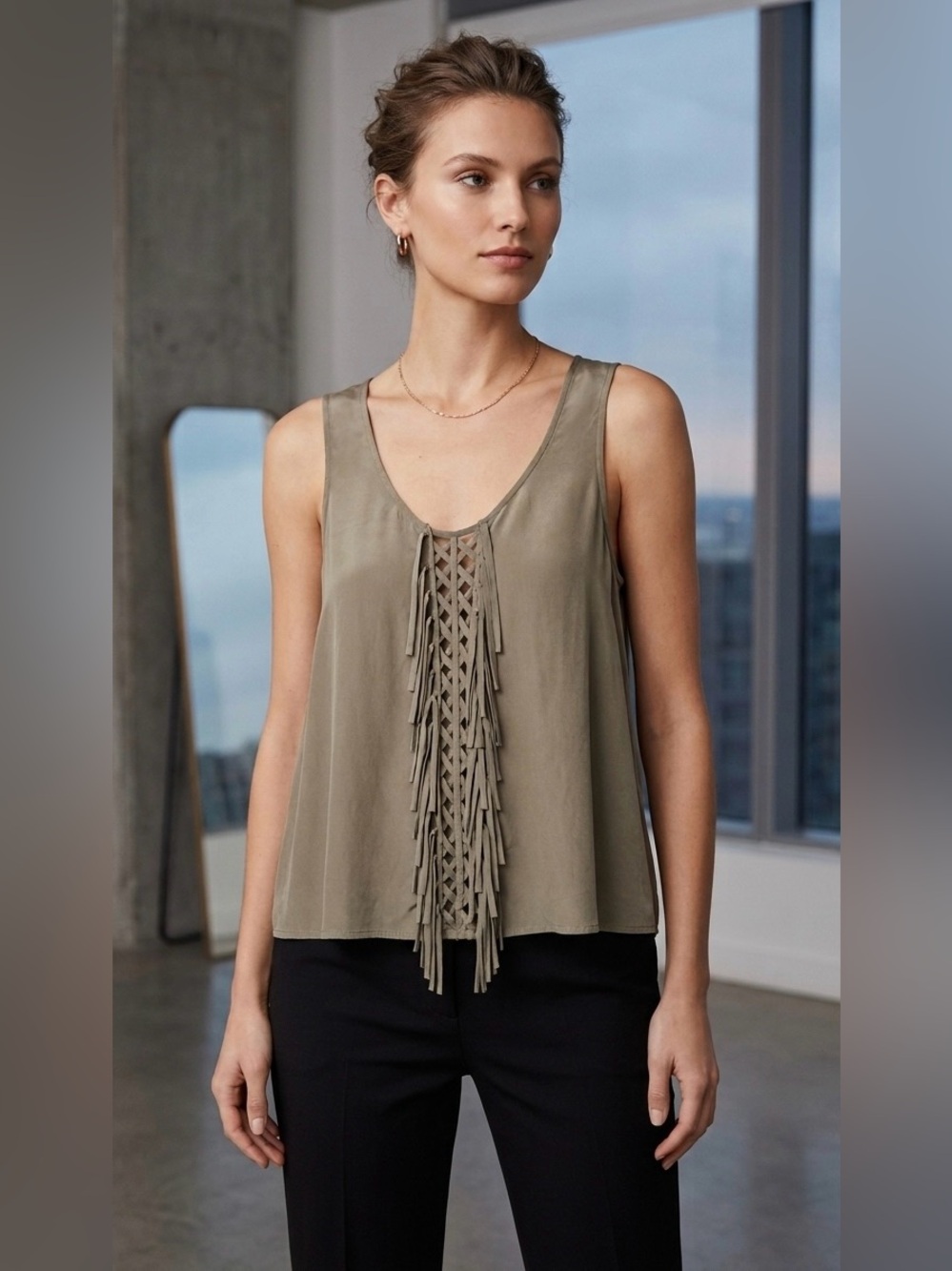 BCBG MaxAzria 100% Silk "Mura" Fringe Lace-Up Tank‎ Top Olive Green Size XS